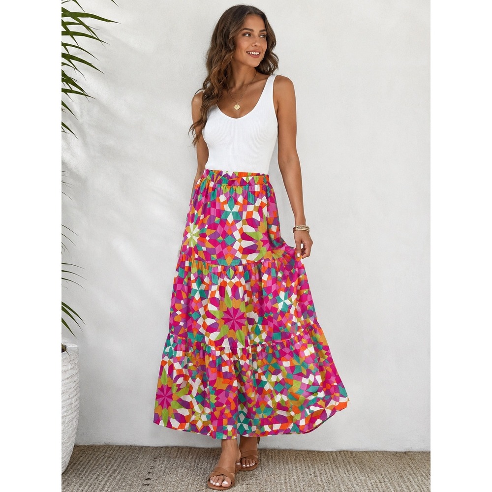 Flying Tomato Tiered Maxi Skirt Womens M Geometric Mosaic Boho Dopamine Vacation